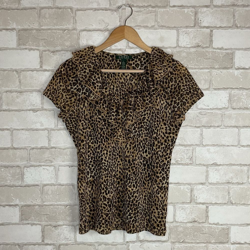 Lauren Ralph Lauren Leopard Print Ruffle Blouse Size L